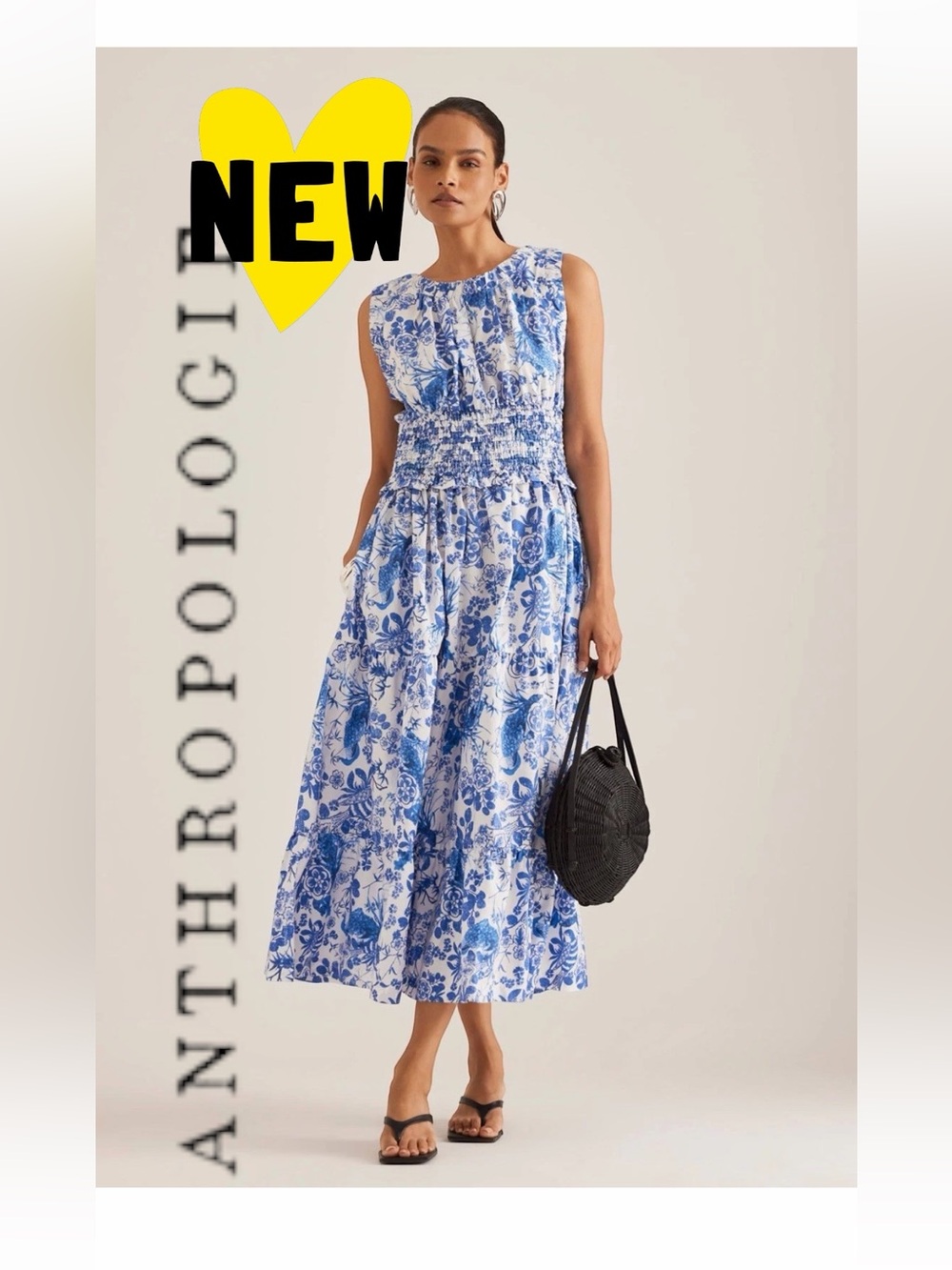 NWT Anthropologie blue 💙 & 🤍 white poplin dress floral pattern pockets smocked